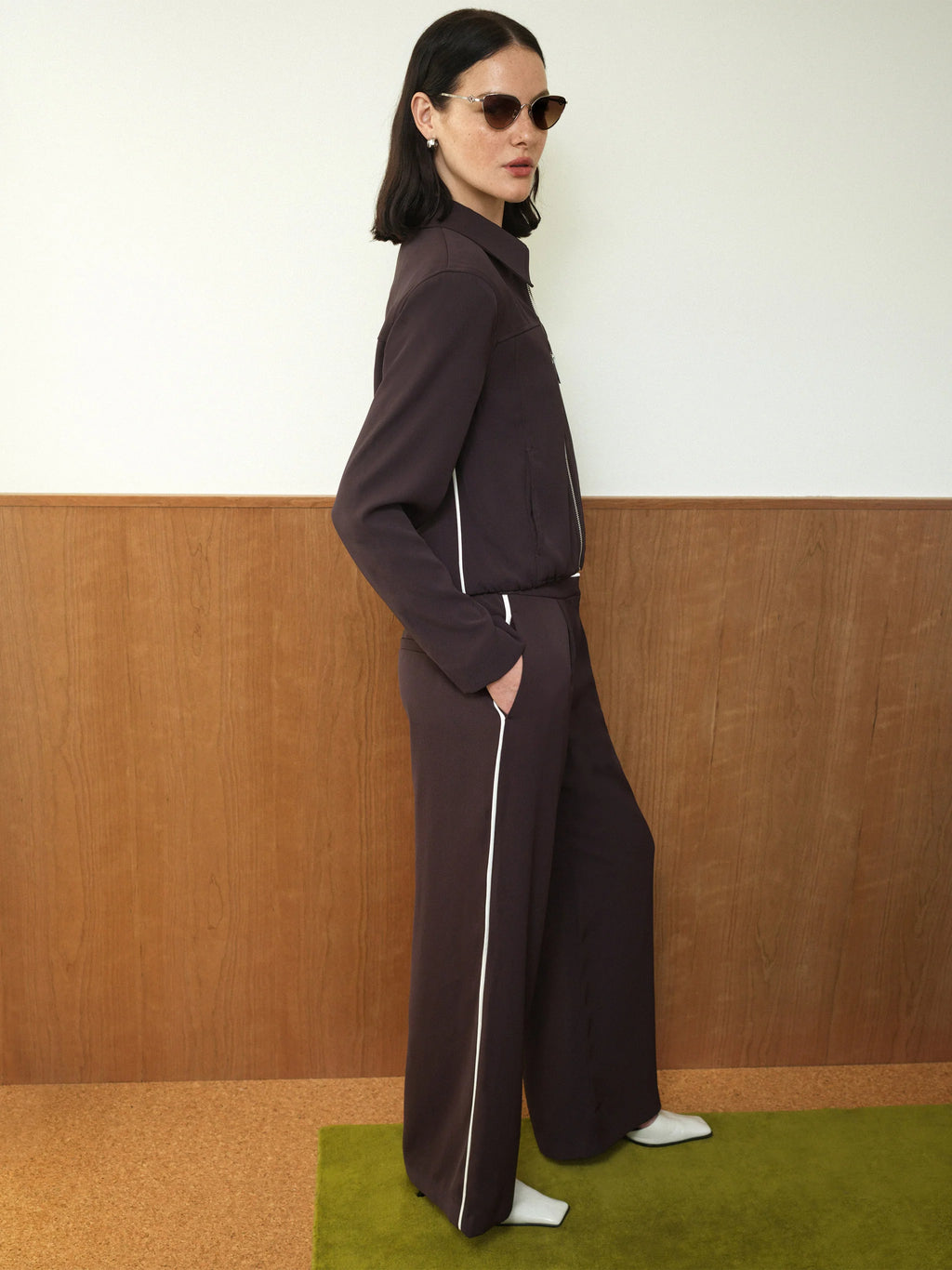Vinnie Tailored Brown Contrast Trim Wide Leg Trousers