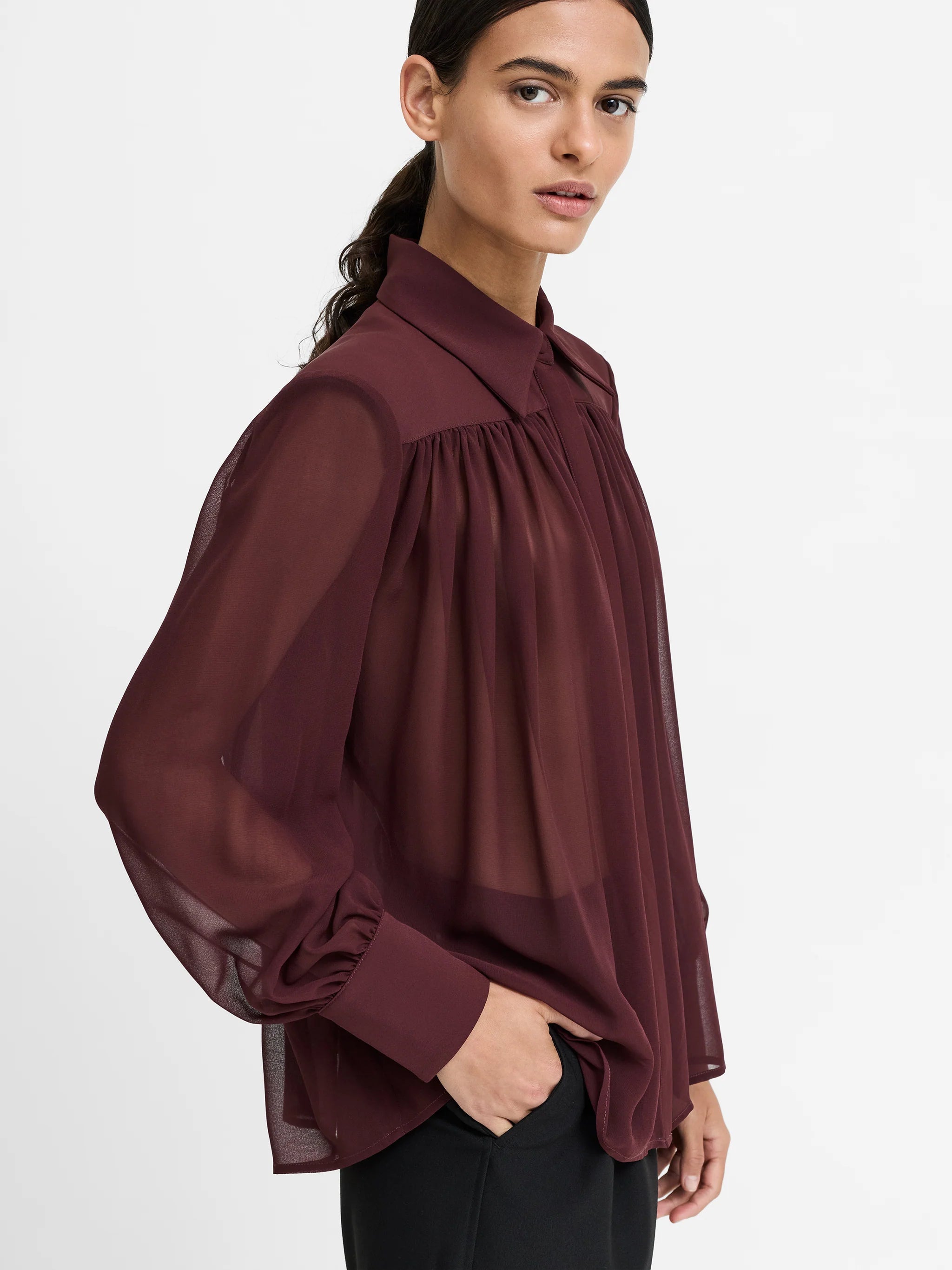 Arezzo Burgundy Sheer Wide Shoulder Shirt