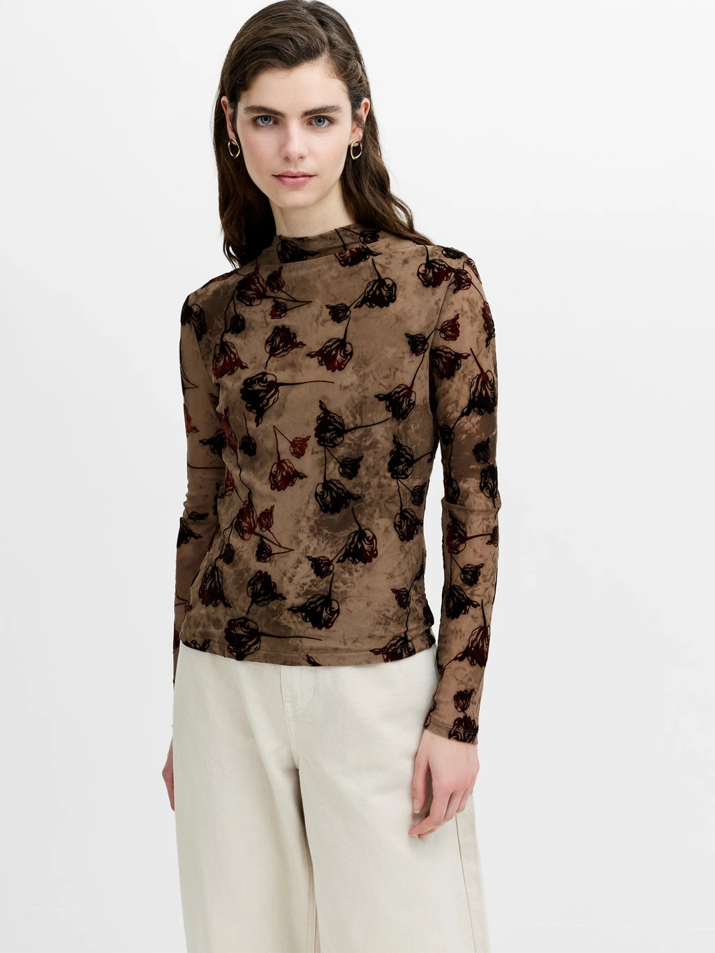 Tia Brown Floral Velvet Devore Mesh Top