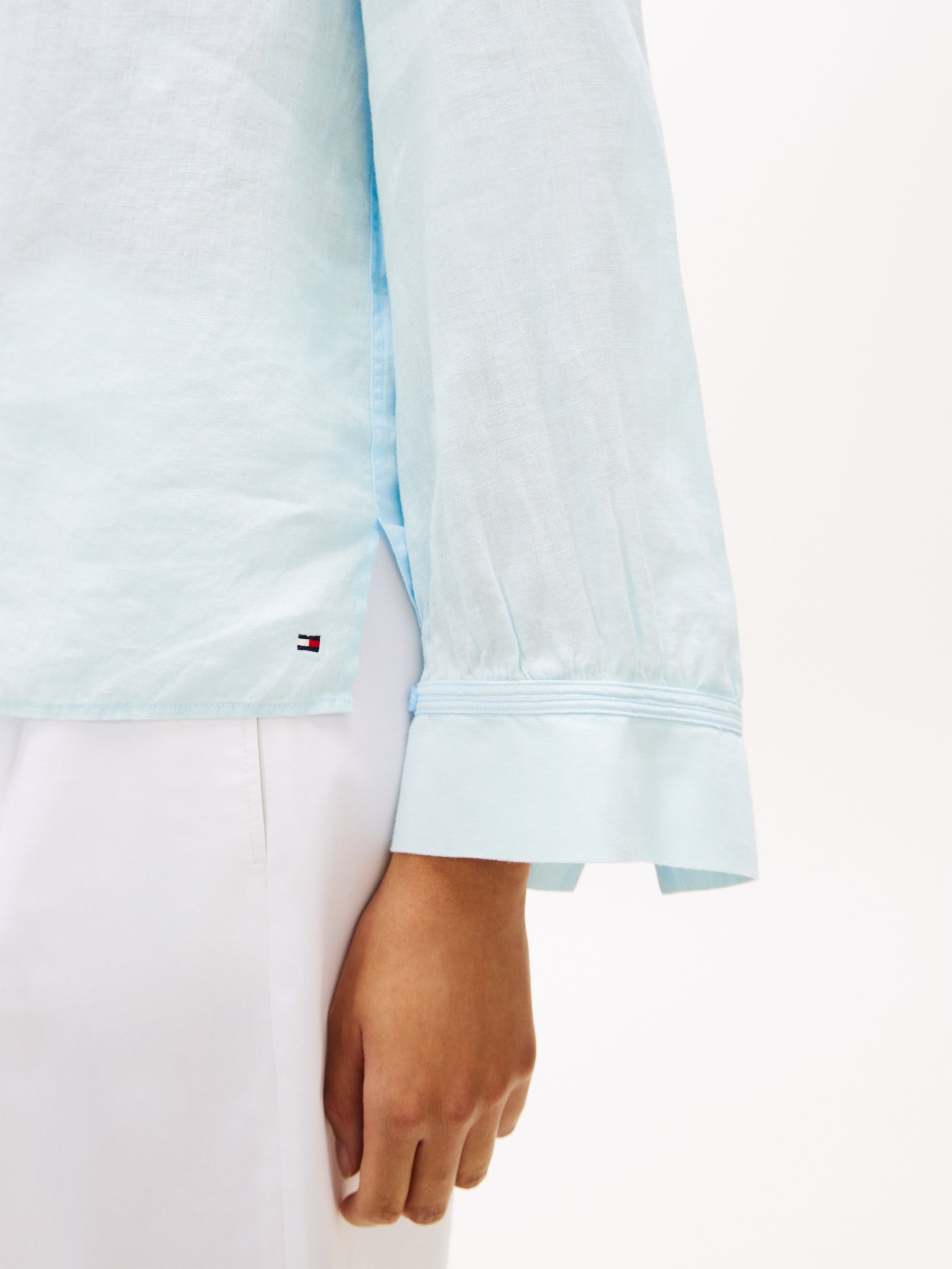Light Blue Linen V-Neck Blouse