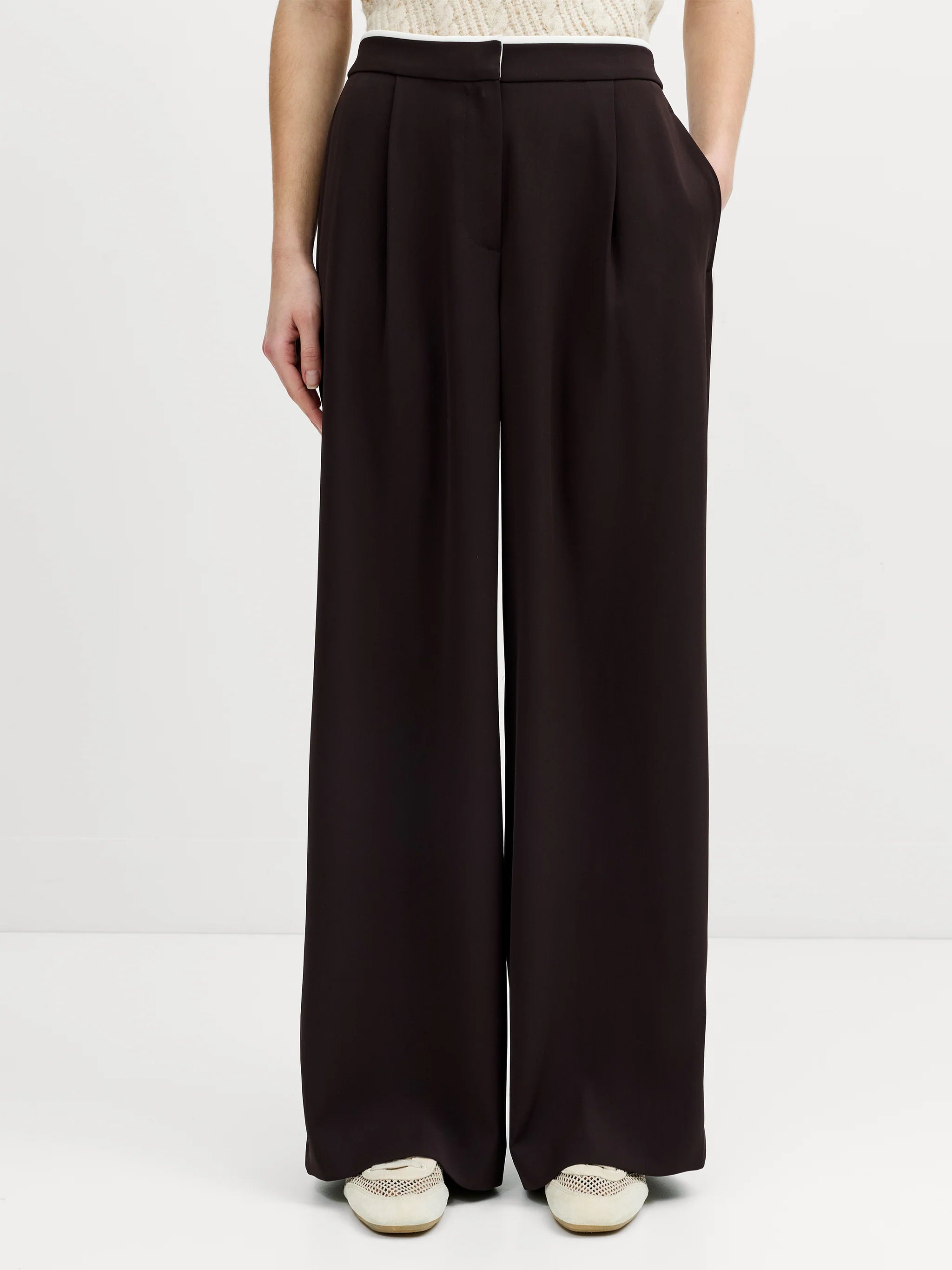 Vinnie Tailored Brown Contrast Trim Wide Leg Trousers