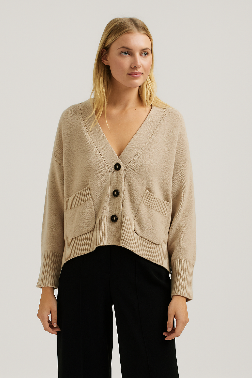 Cashmere Blend Beige V-Neck Cardigan
