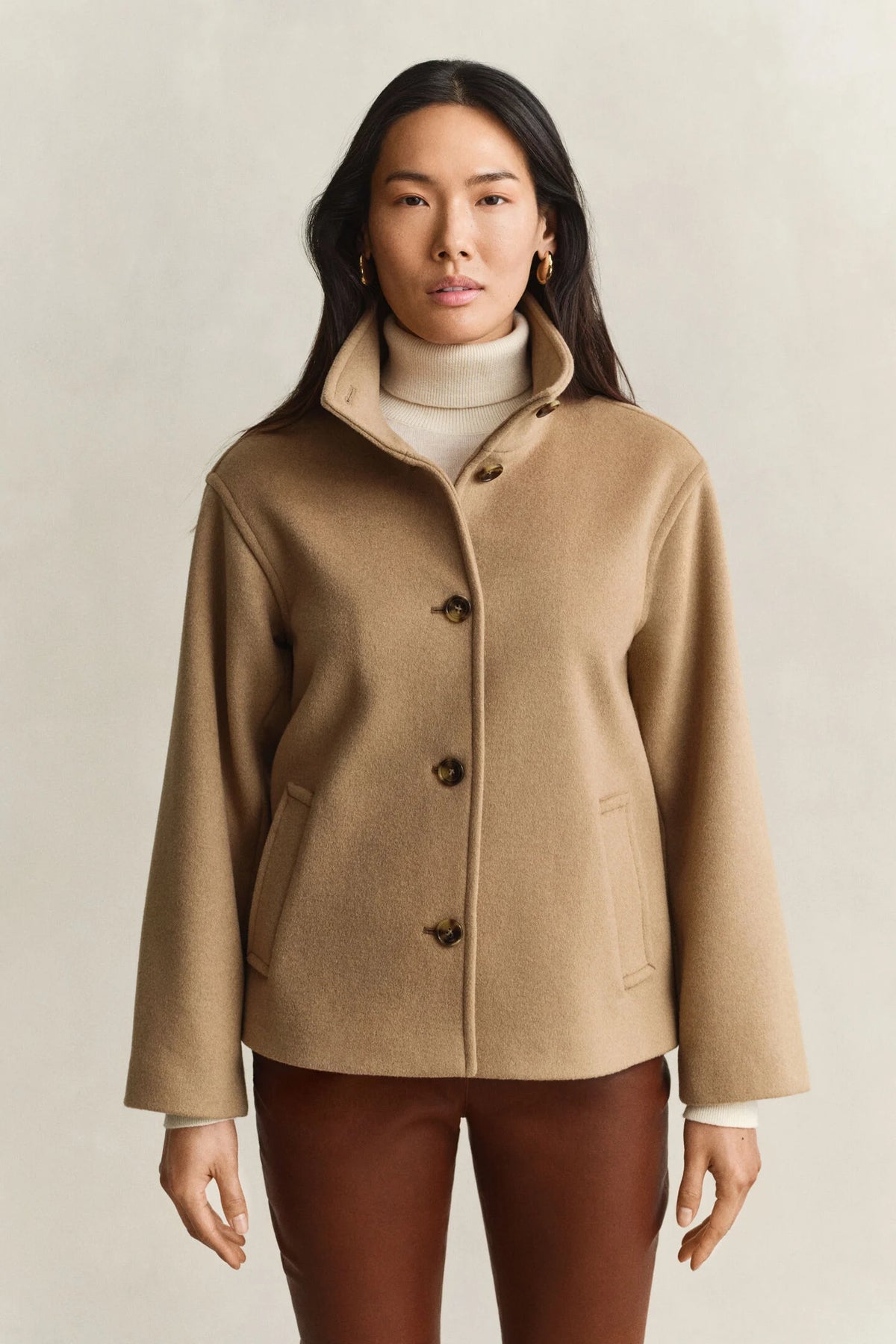 Camel Funnel Neck Wool Button Coat