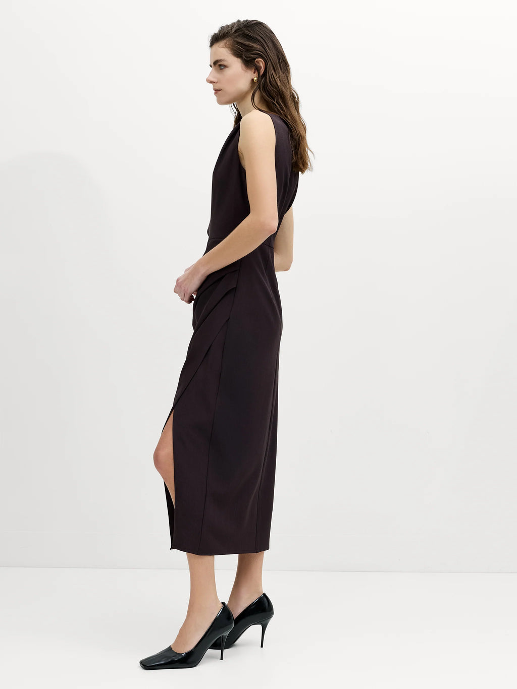 Carley Brown Sleeveless Draped Midi Dress