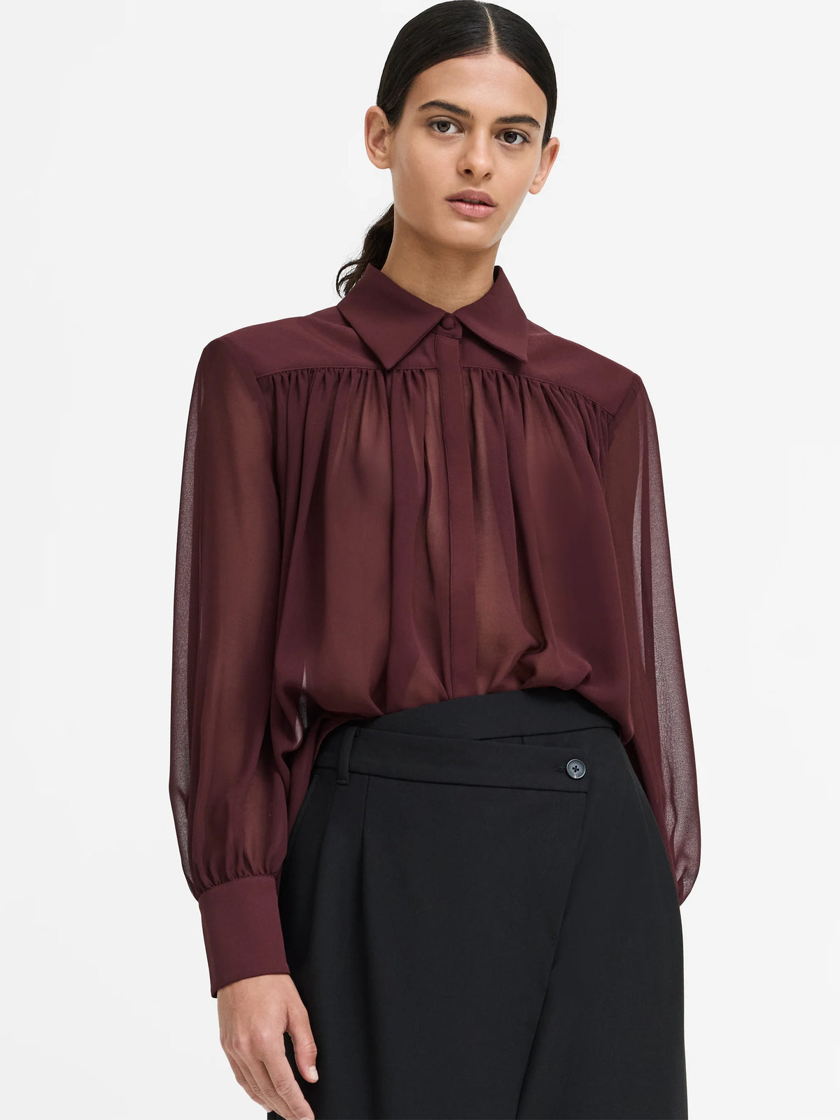Arezzo Burgundy Sheer Wide Shoulder Shirt