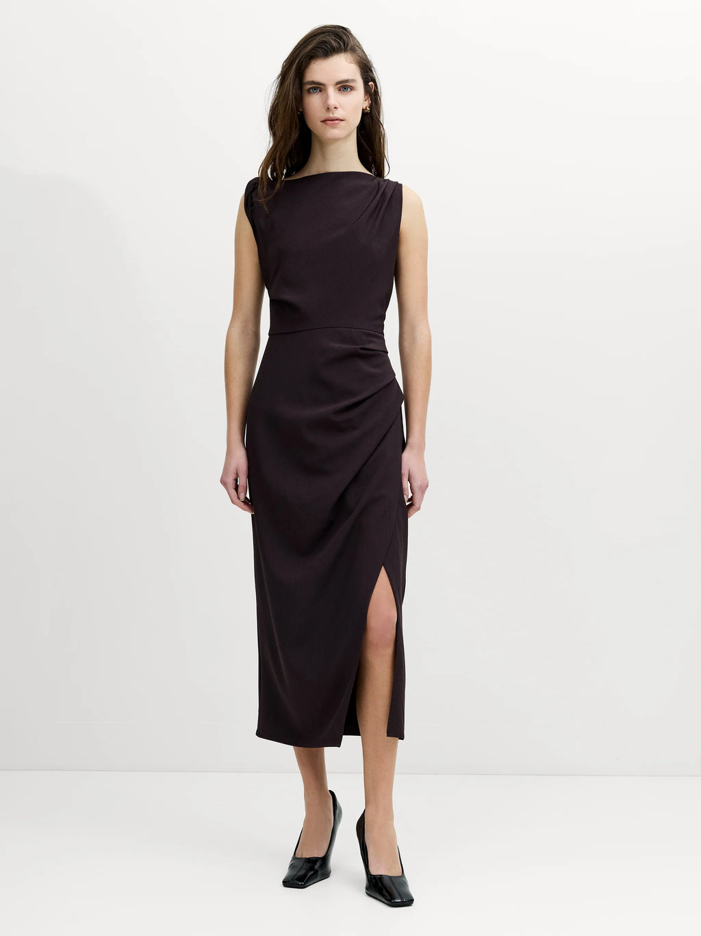 Carley Brown Sleeveless Draped Midi Dress