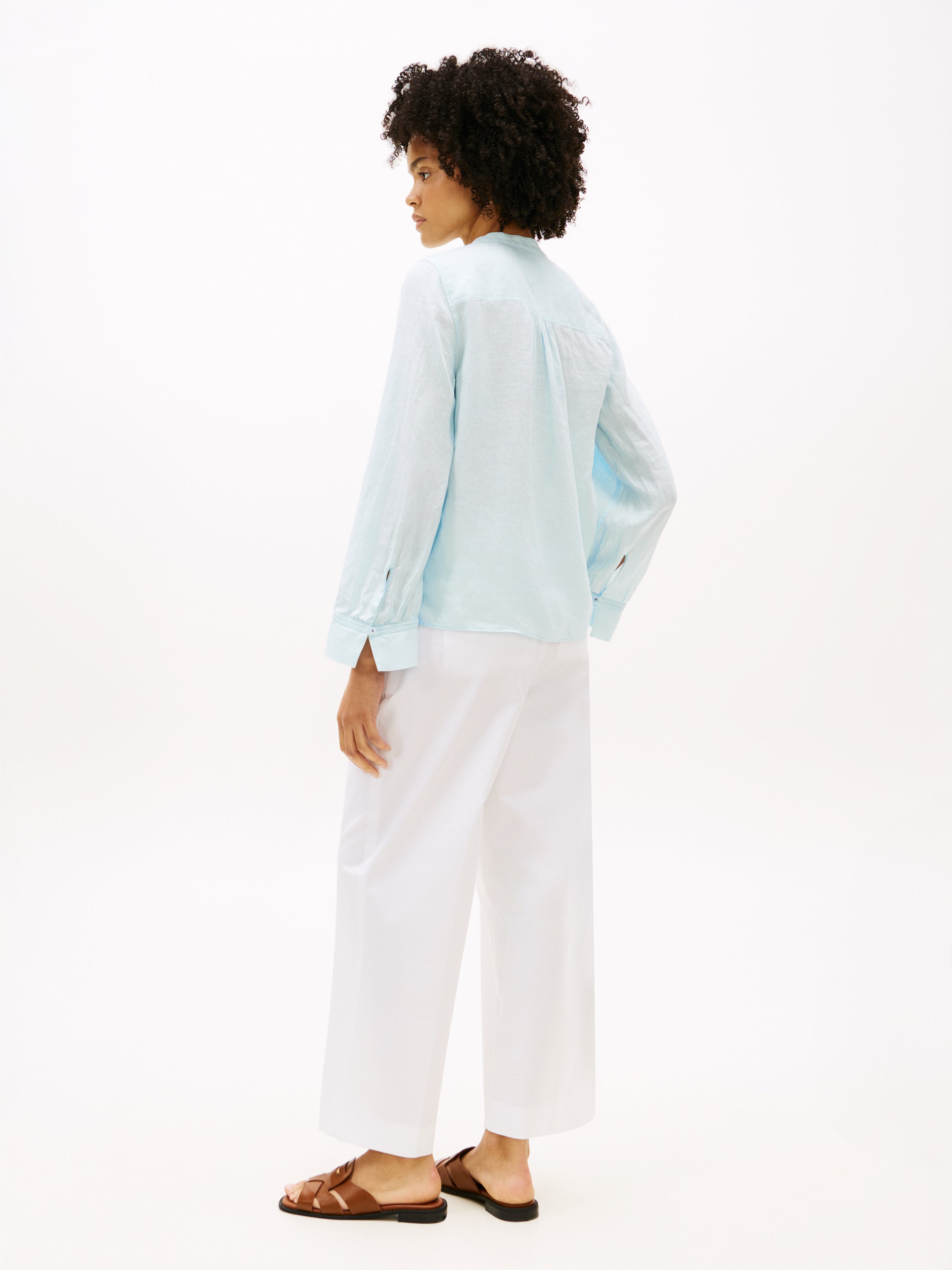 Light Blue Linen V-Neck Blouse