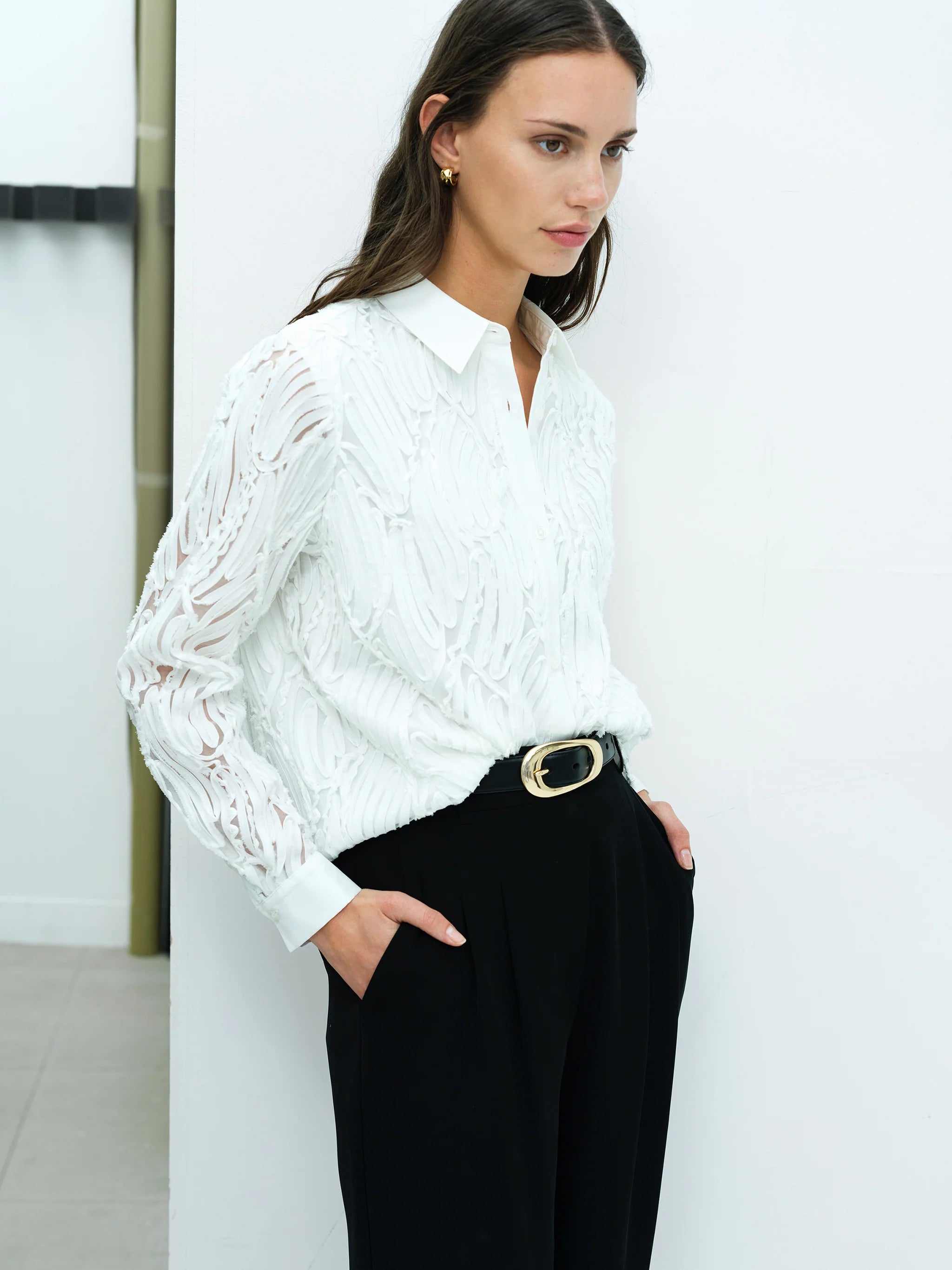 Margot White Textured Long Sleeve Shirt