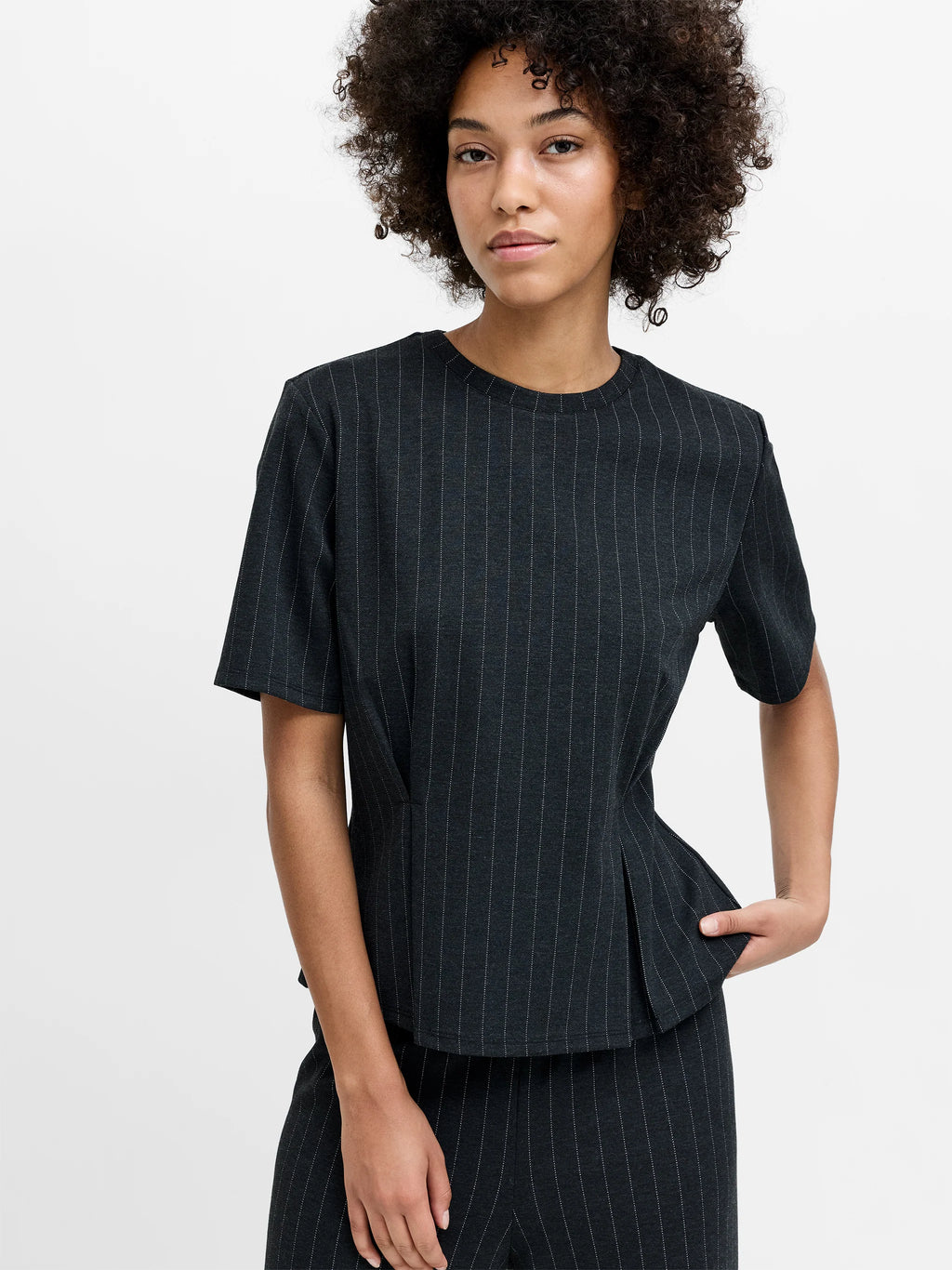 Sarai Grey Pinstripe Pleat Detail T-Shirt