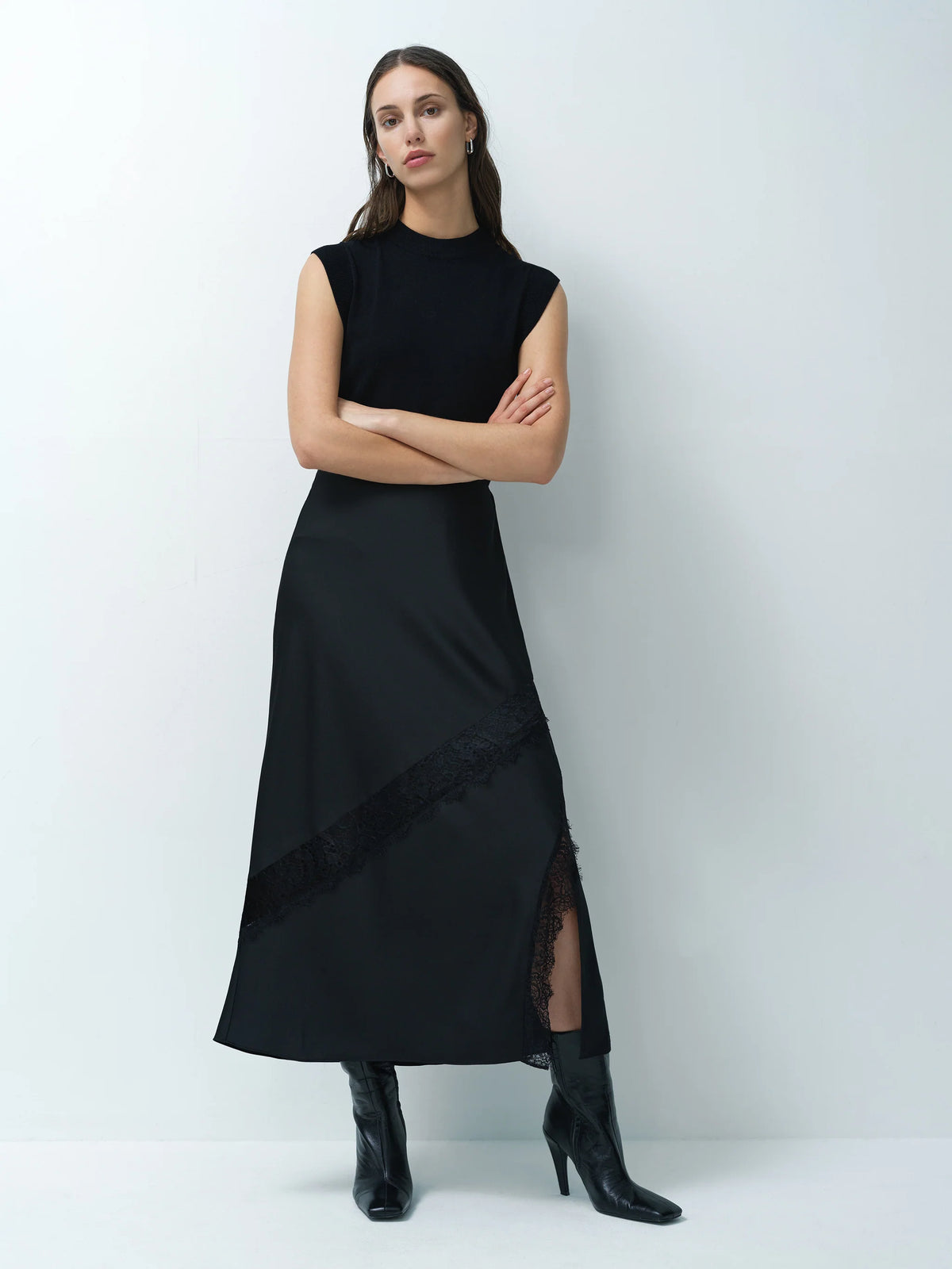 Dahlia Satin Lace Mix Midi Skirt