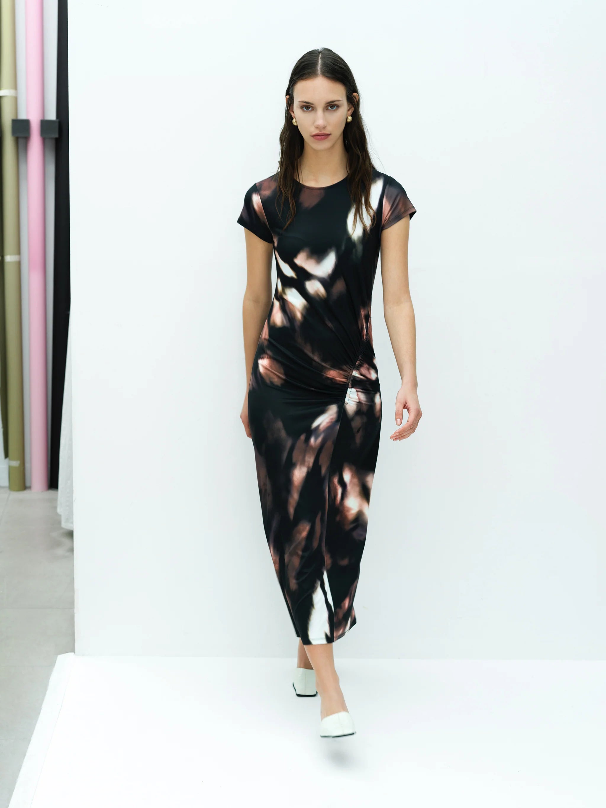 Josephine Abstract Printed Jersey Ruched Midi Dress