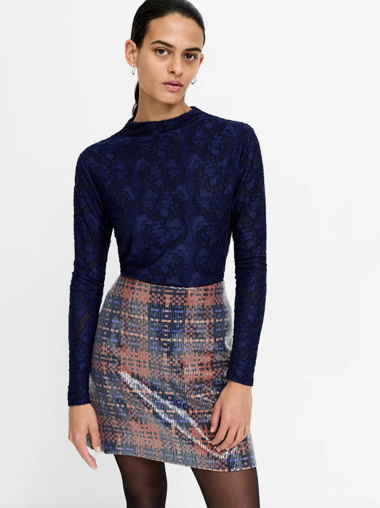 Leslie Navy Floral Jacquard Mesh Mock Neck Top