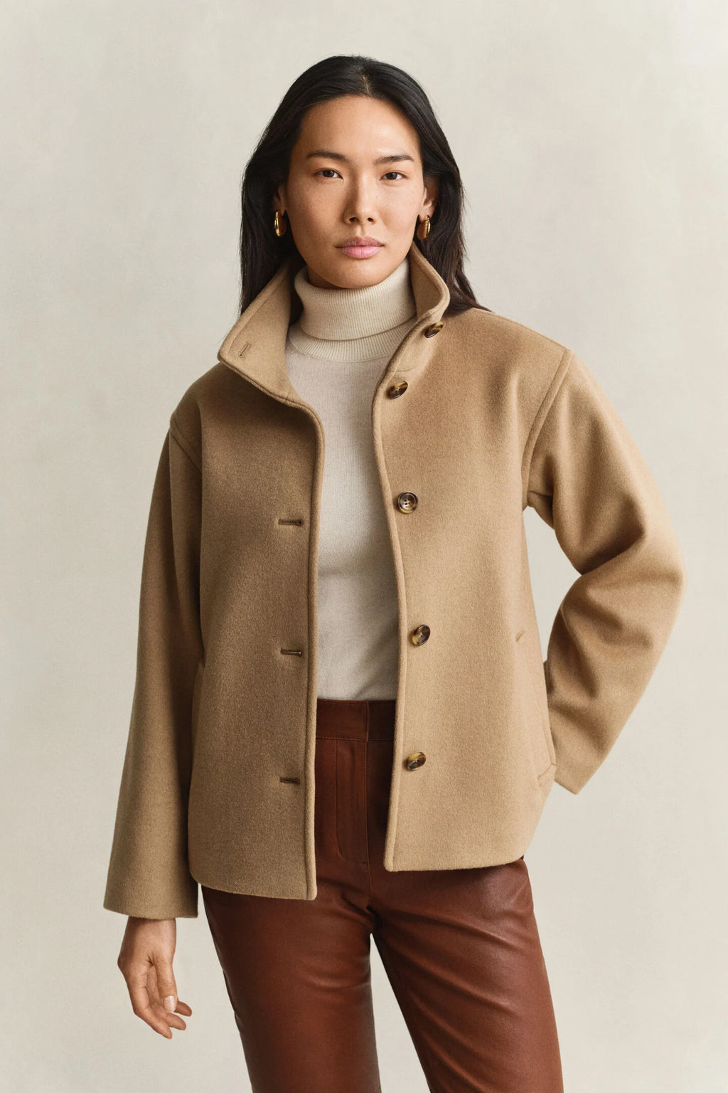 Camel Funnel Neck Wool Button Coat