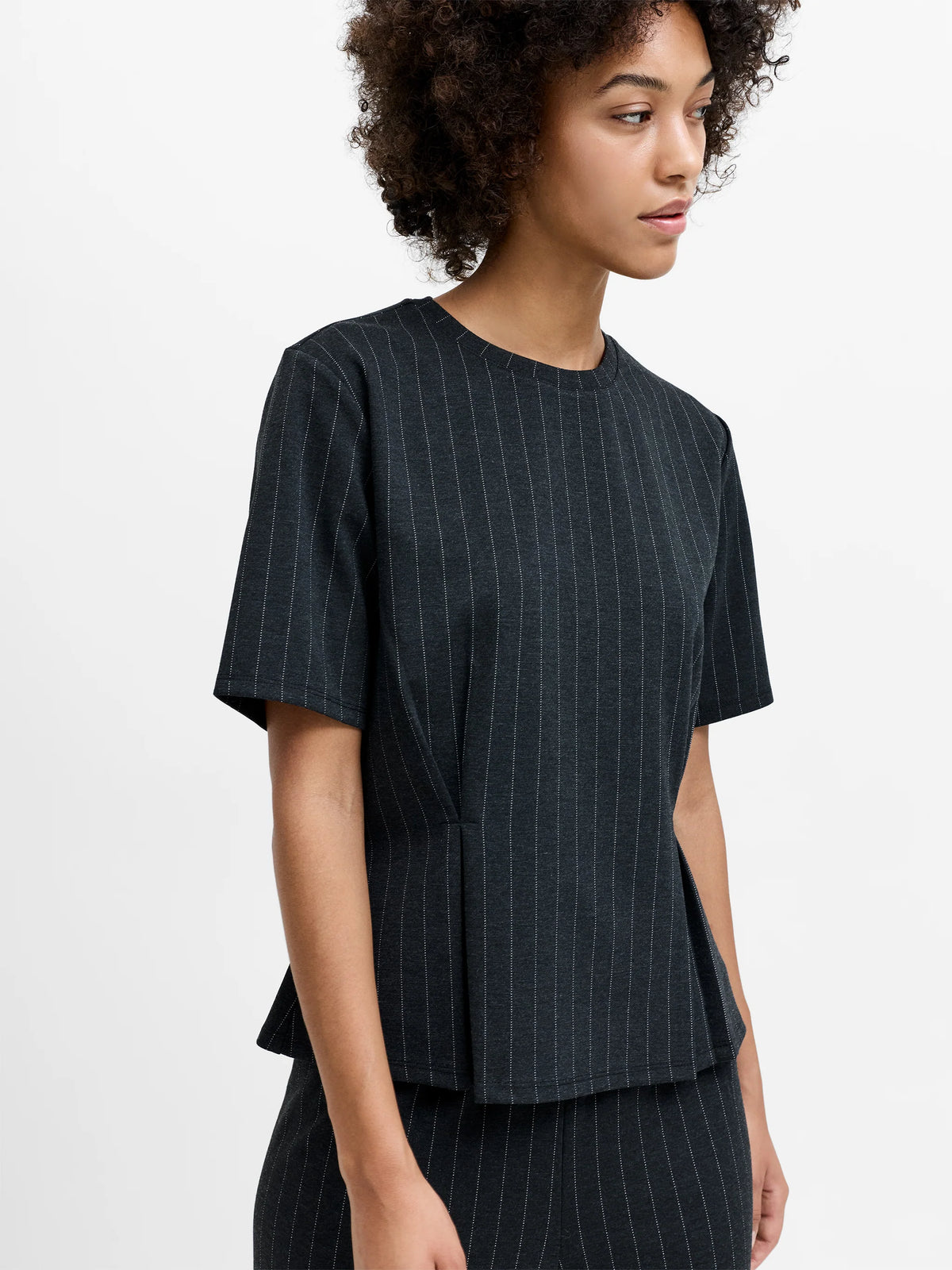 Sarai Grey Pinstripe Pleat Detail T-Shirt