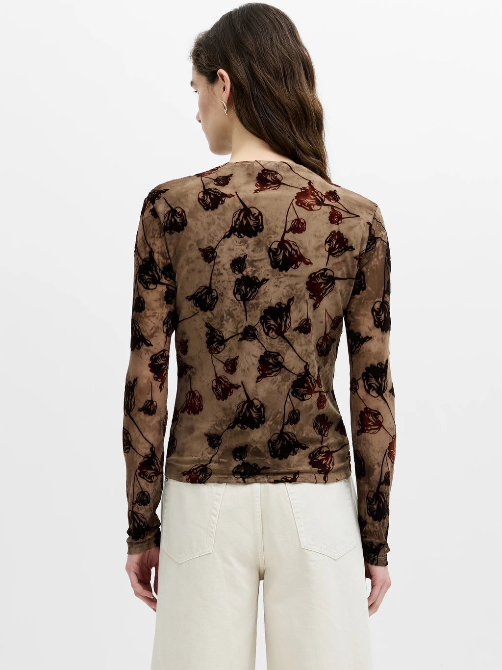 Tia Brown Floral Velvet Devore Mesh Top