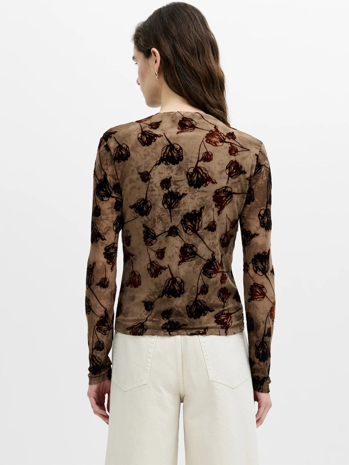 Tia Brown Floral Velvet Devore Mesh Top