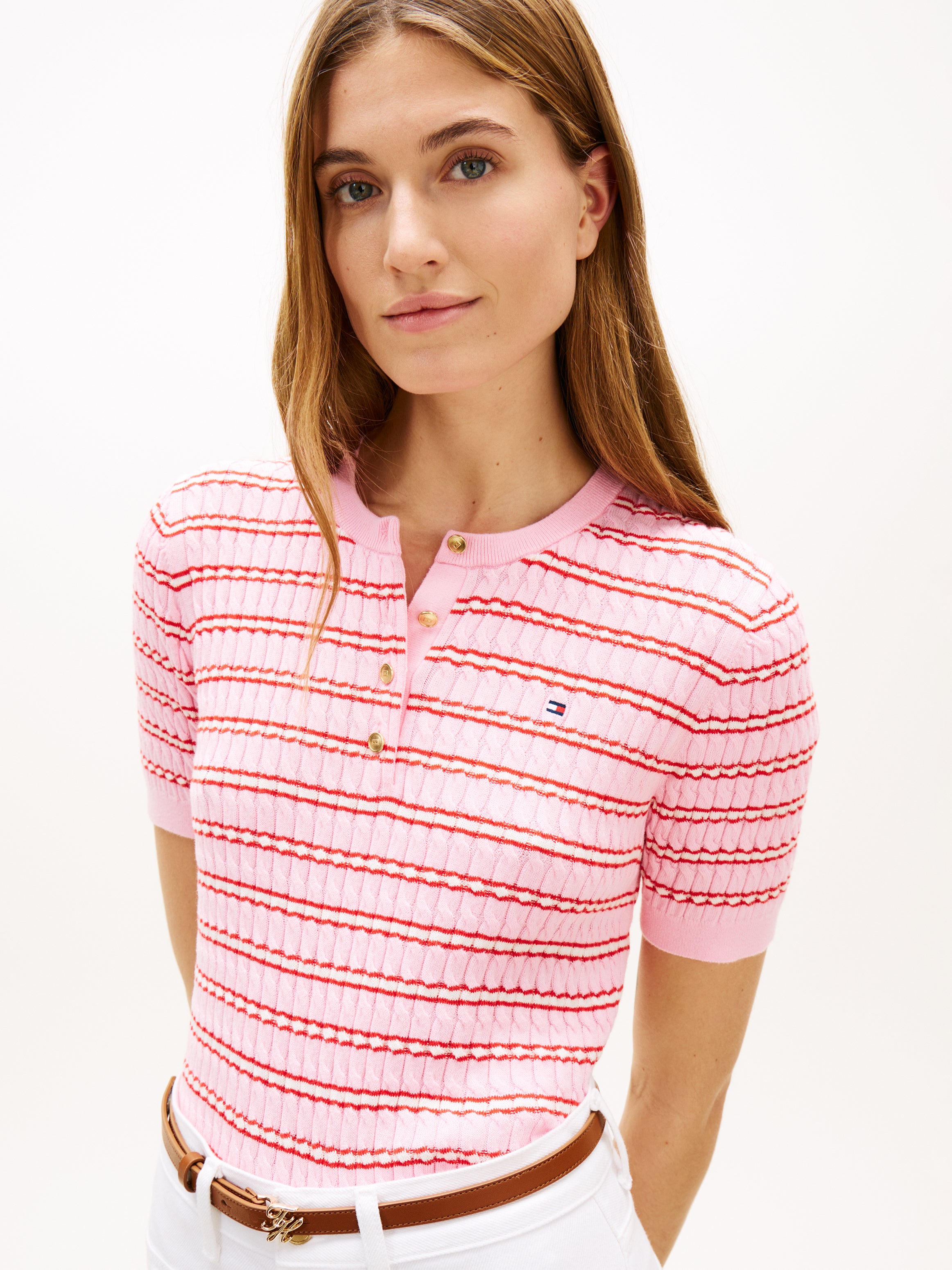 Gold-Tone Button Cable Knit Short Sleeve Jumper