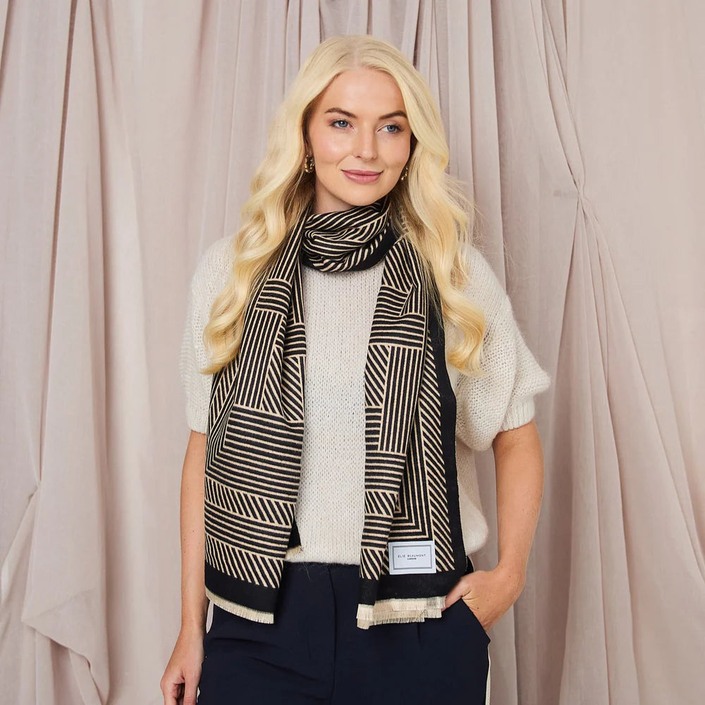 Winter Scarf - Black & Sand Geometric