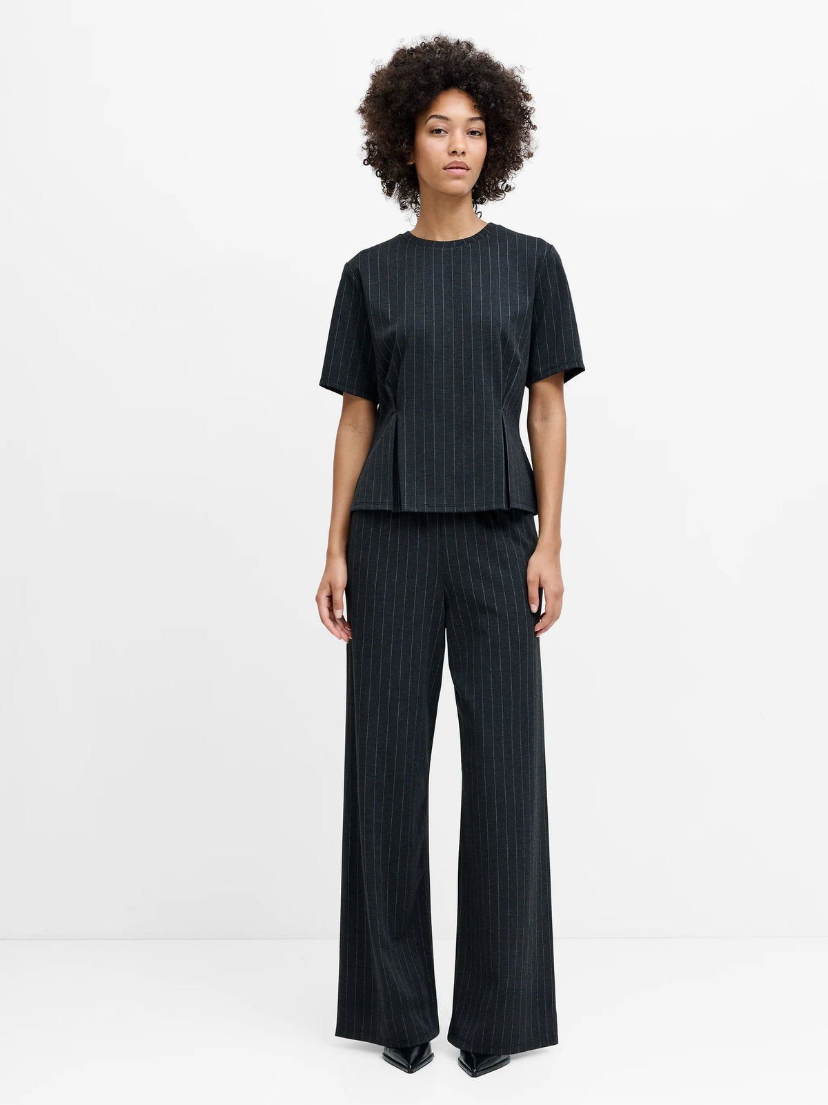 Sarai Grey Pinstripe Pleat Detail T-Shirt