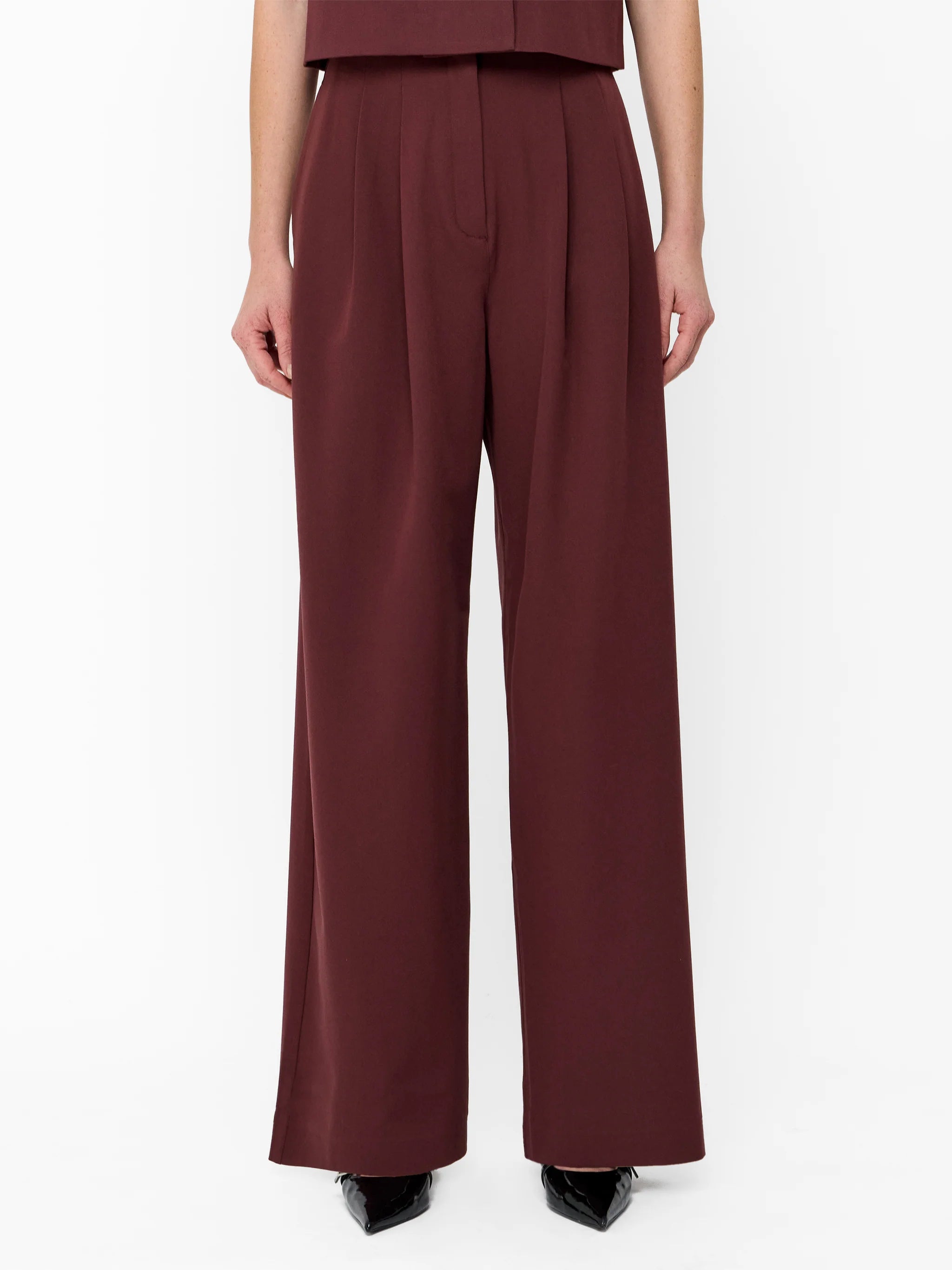 Rena Cherry Tailored Pleated Wide Leg Trousers