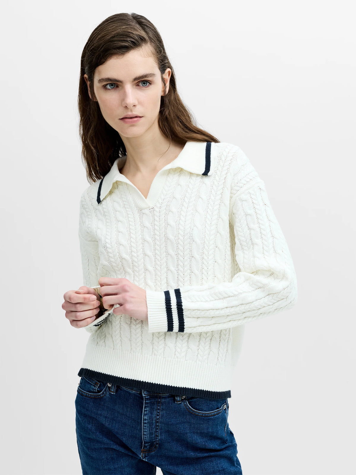 Klara White Cable Knit Polo Jumper