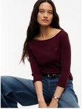 Burgundy Slim Boat Neck Three-Quarter Sleeve T-Shirt