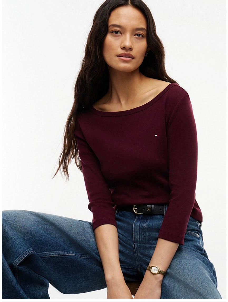 Burgundy Slim Boat Neck Three-Quarter Sleeve T-Shirt