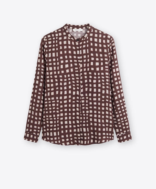 The Brown Print Silk Mandarin Collar Blouse