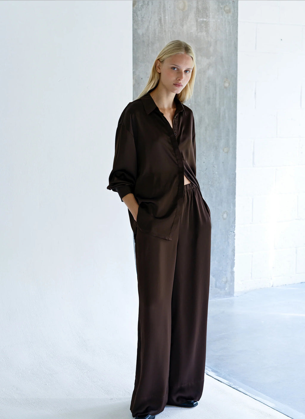 Bernadette Chocolate Satin Wide Leg Trousers