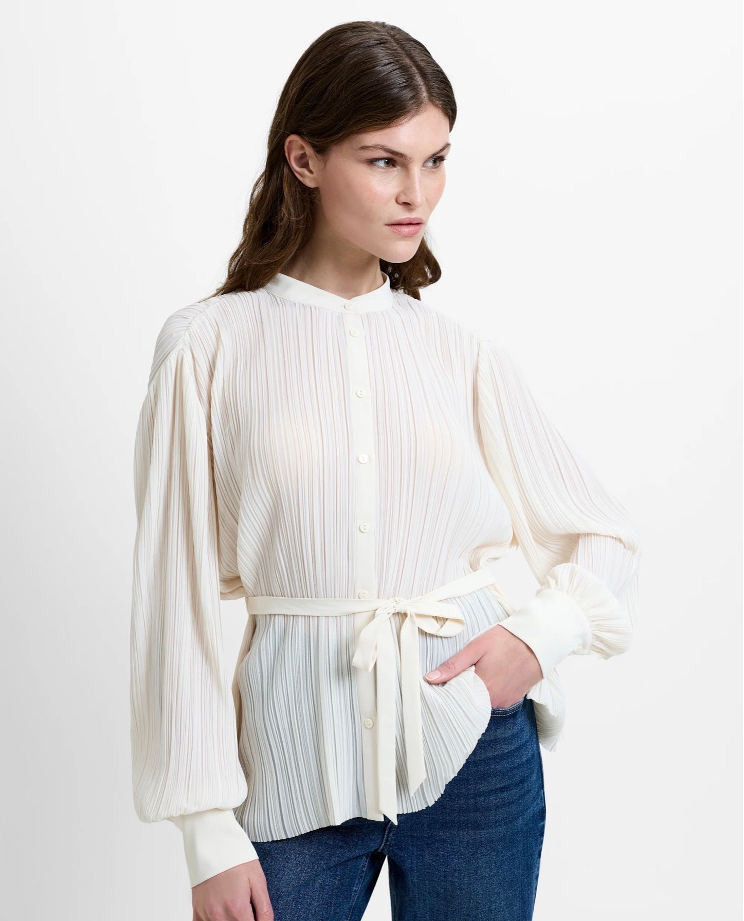 Noelle Plisse Military Tie Up Blouse