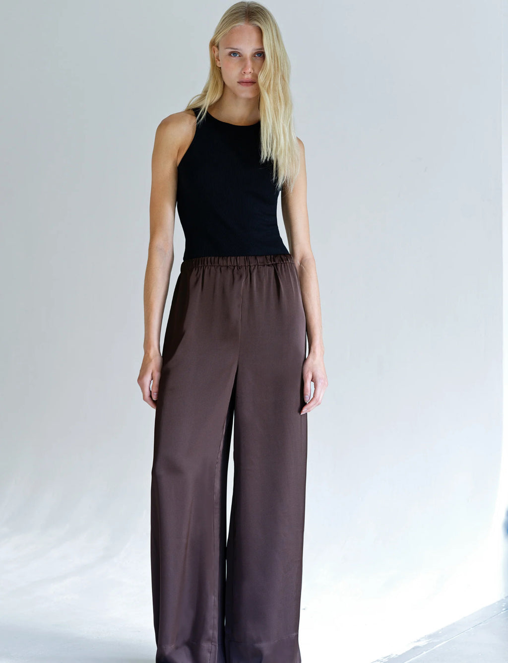 Bernadette Chocolate Satin Wide Leg Trousers