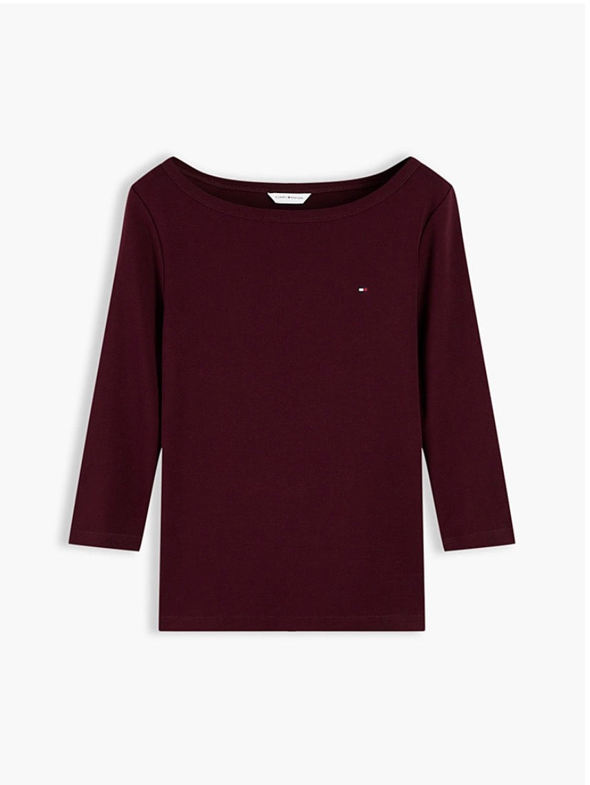 Burgundy Slim Boat Neck Three-Quarter Sleeve T-Shirt