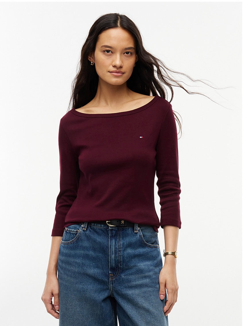 Burgundy Slim Boat Neck Three-Quarter Sleeve T-Shirt