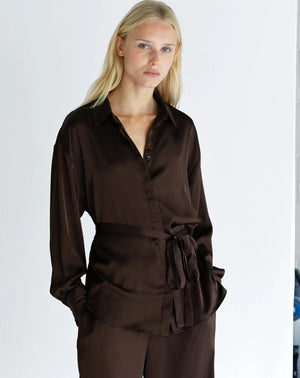 Bernadetta Chocolate Satin Tie Belt Shirt