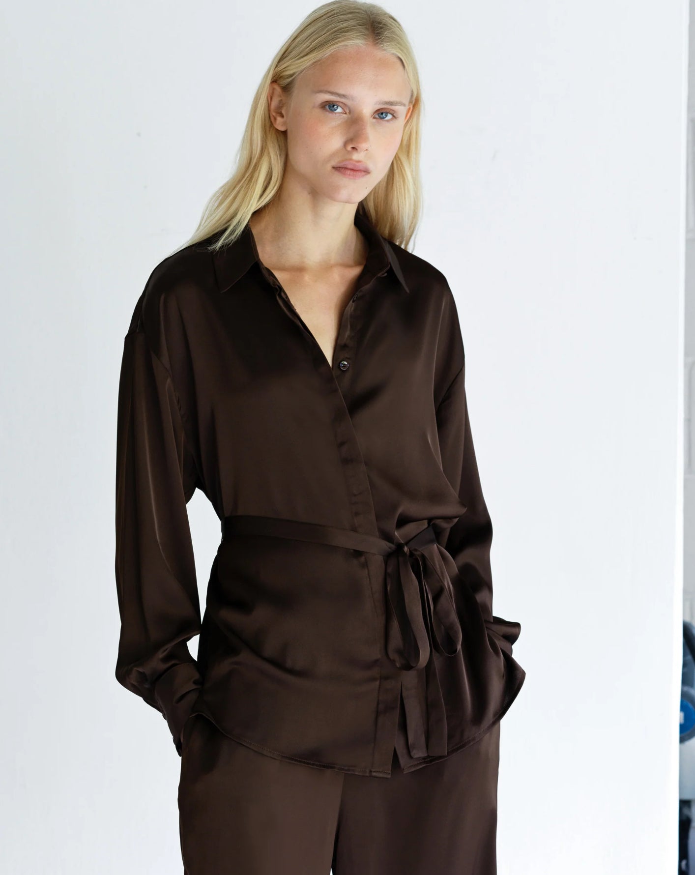 Bernadetta Chocolate Satin Tie Belt Shirt