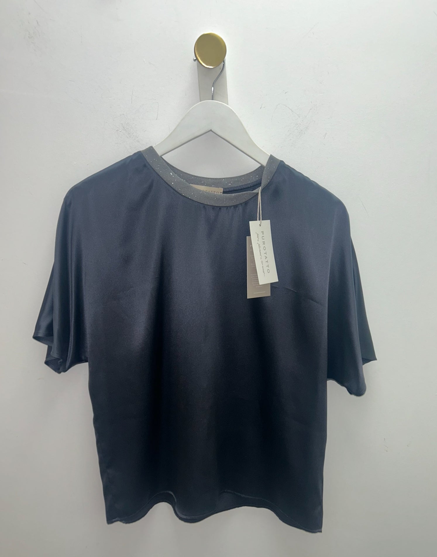 Satin Dark Navy Short Sleeve Top