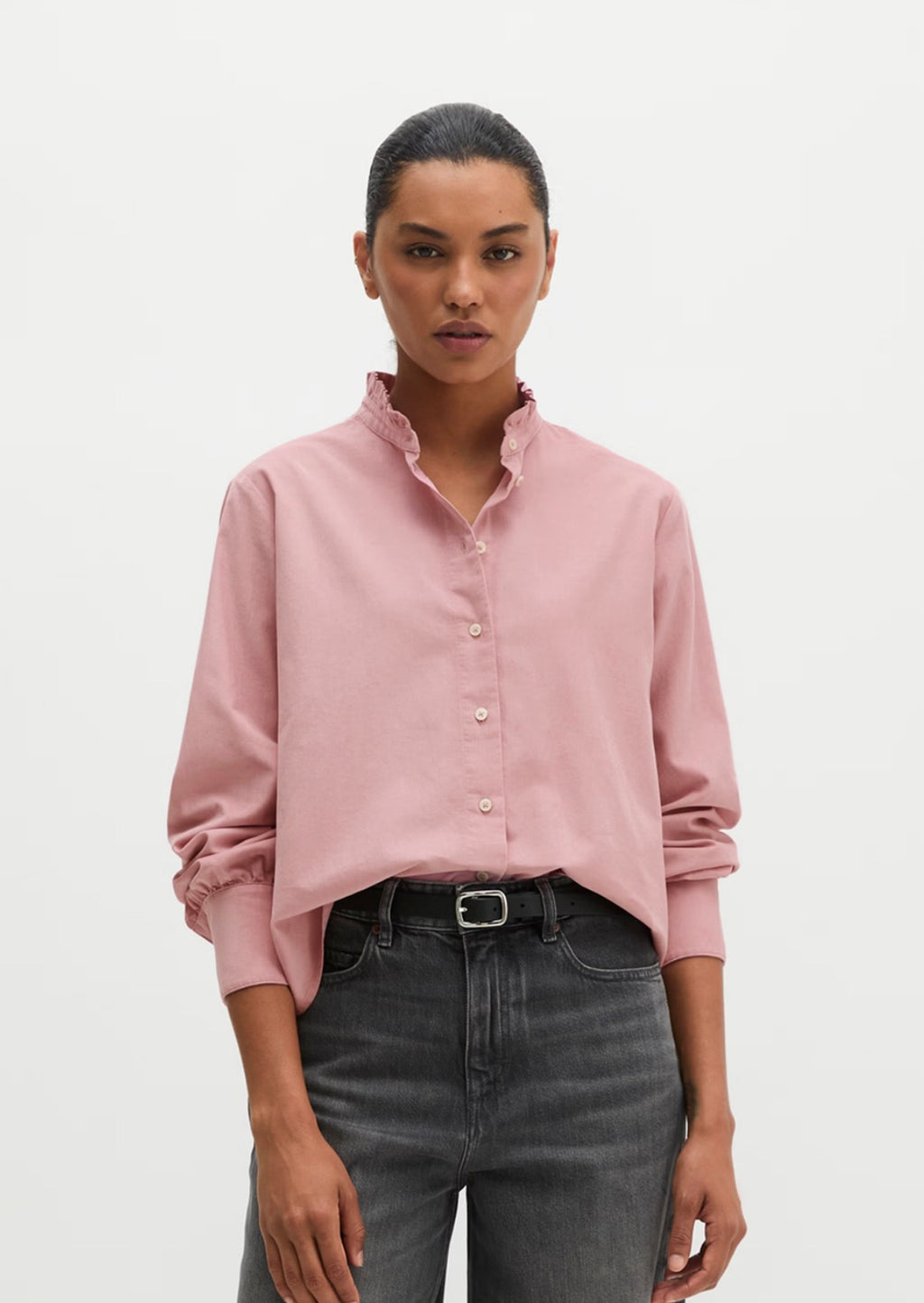 Misty Pink Corduroy Velvety Ruffle Blouse
