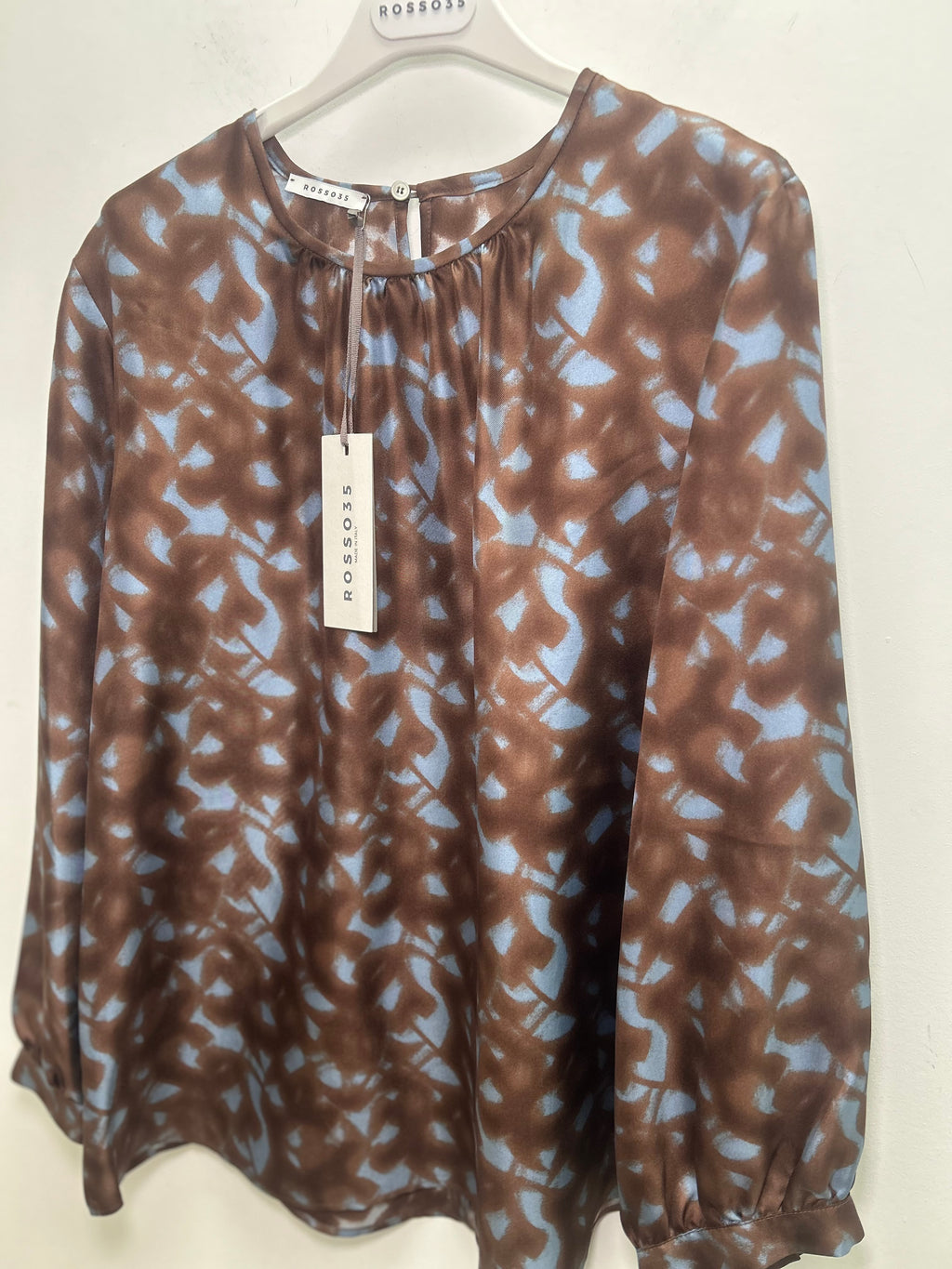 Brown with Blue Pattern Crew Neck Blouse