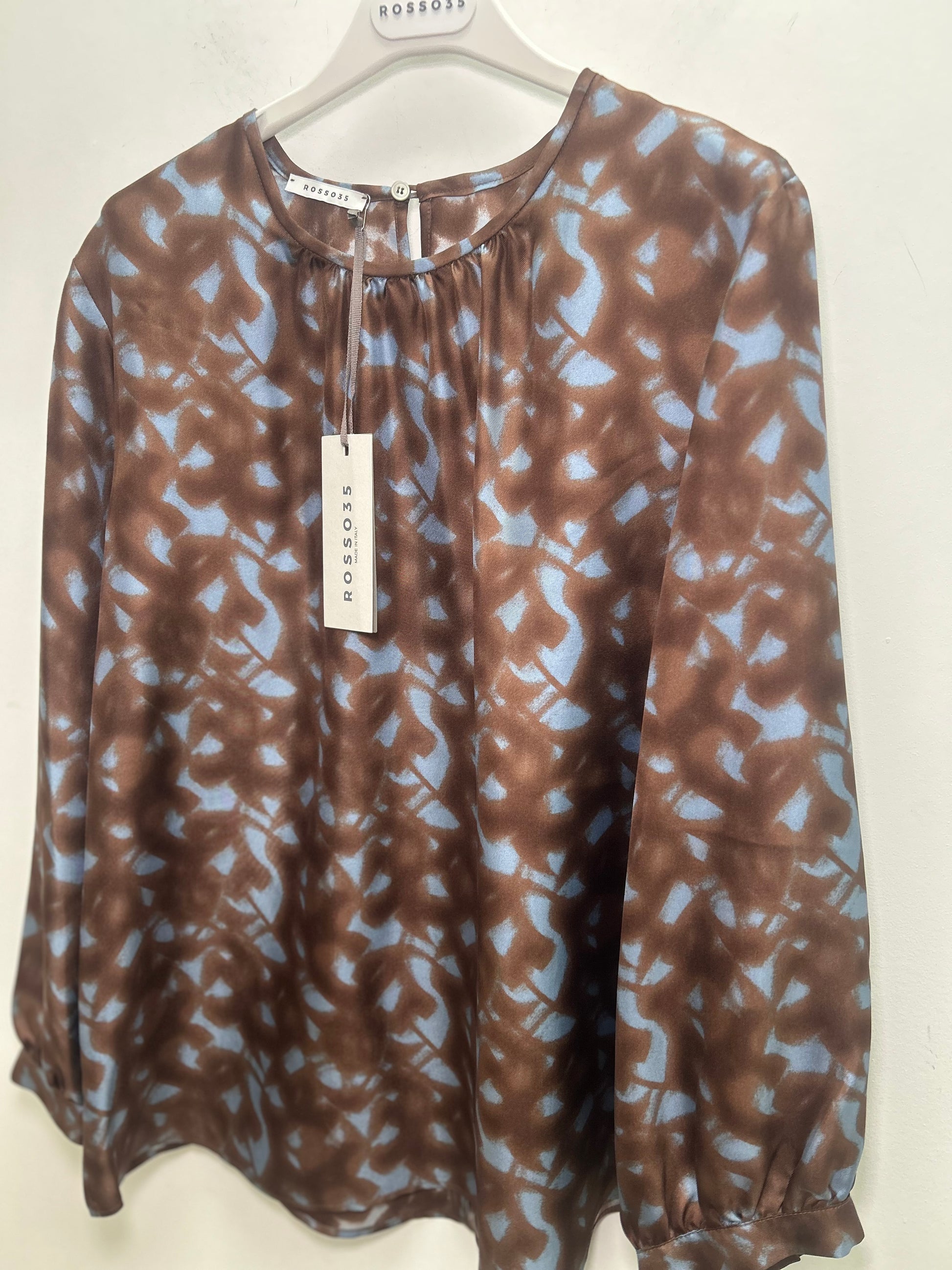 Brown with Blue Pattern Crew Neck Blouse