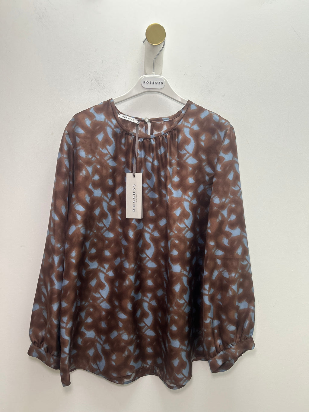 Brown with Blue Pattern Crew Neck Blouse