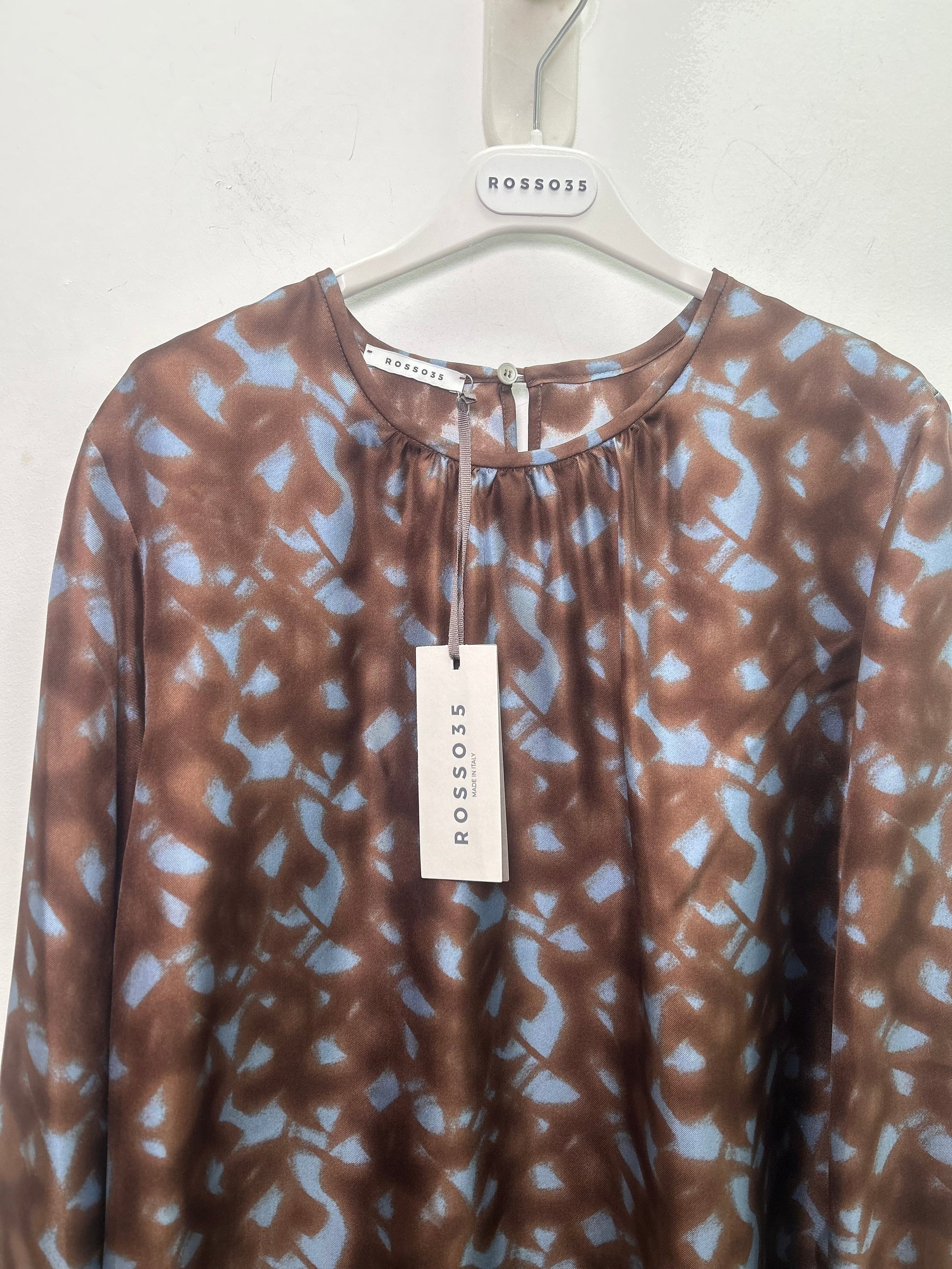 Brown with Blue Pattern Crew Neck Blouse