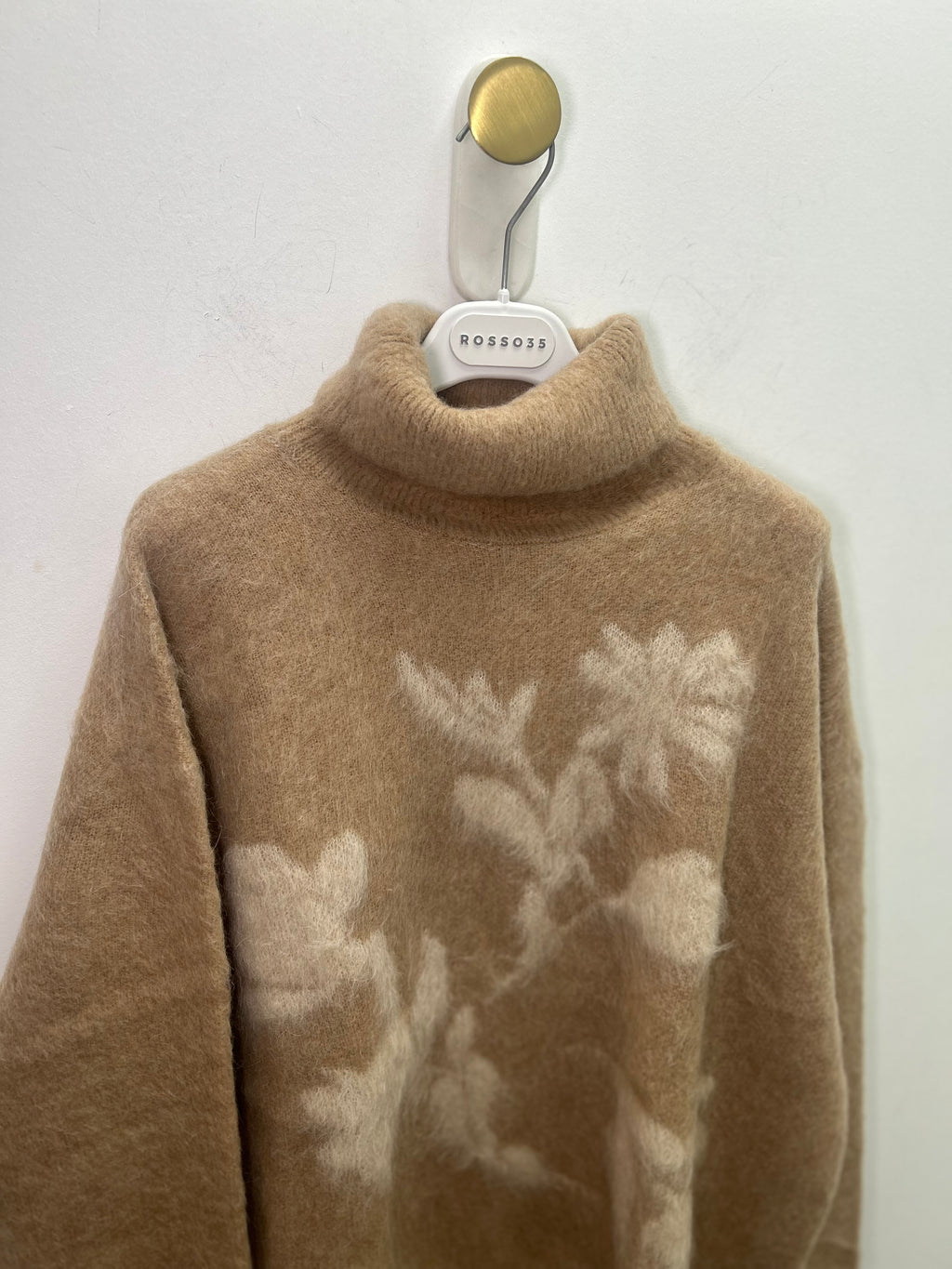 Camel Fluffy Roll-neck Detail Front Knit