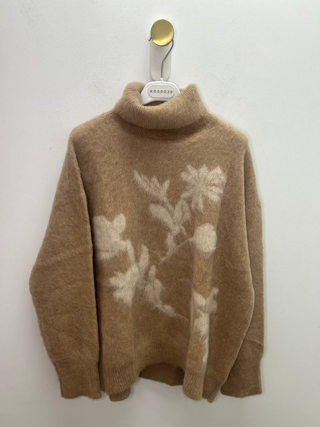 Camel Fluffy Roll-neck Detail Front Knit