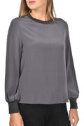 Slate Grey Silk Blouse With Jersey Cuff