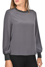 Slate Grey Silk Blouse With Jersey Cuff