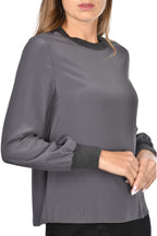 Slate Grey Silk Blouse With Jersey Cuff