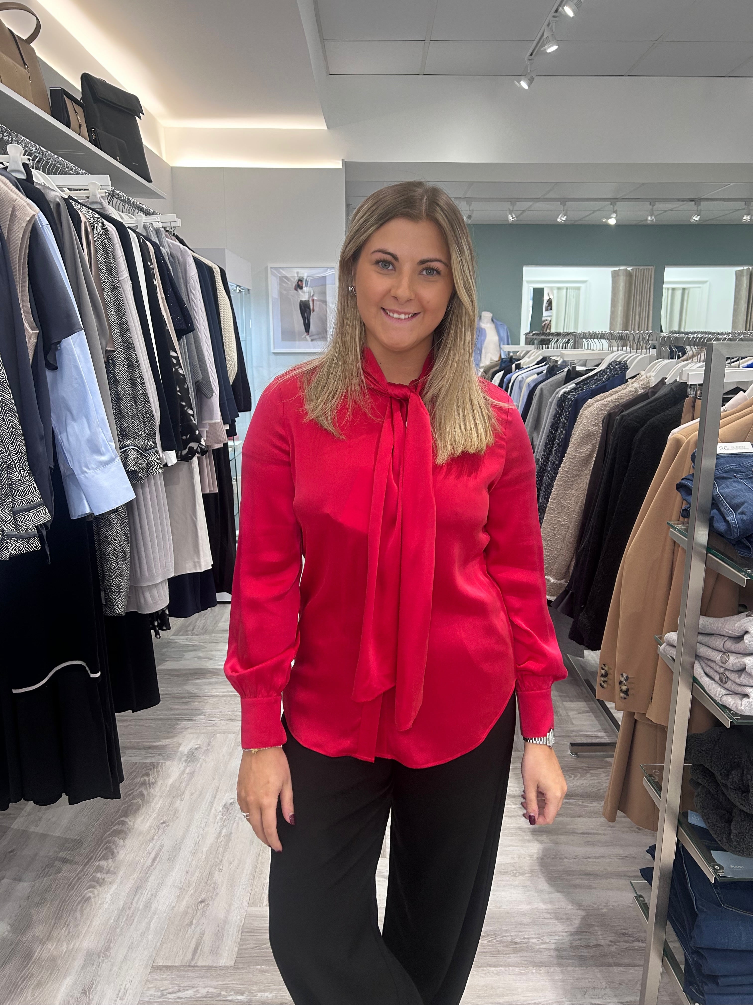 The Red Bow Button Silk Blouse