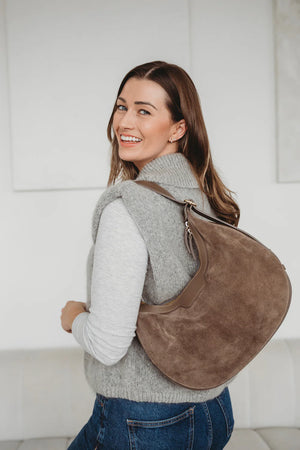 Suede Crescent Beige Shoulder Bag