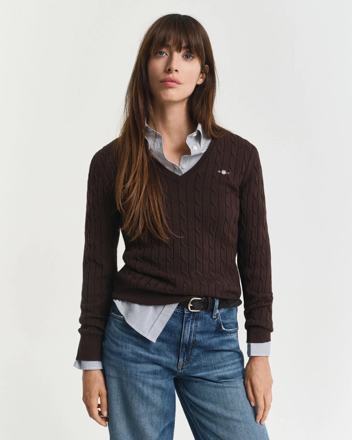 Cotton Cable Crew V-Neck Deep Brown