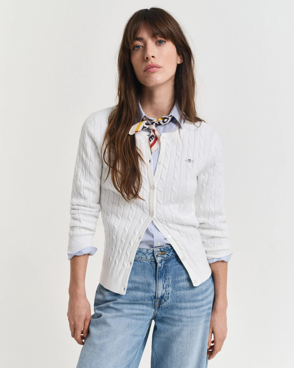 Eggshell Stretch Cotton Cable Knit Cardigan